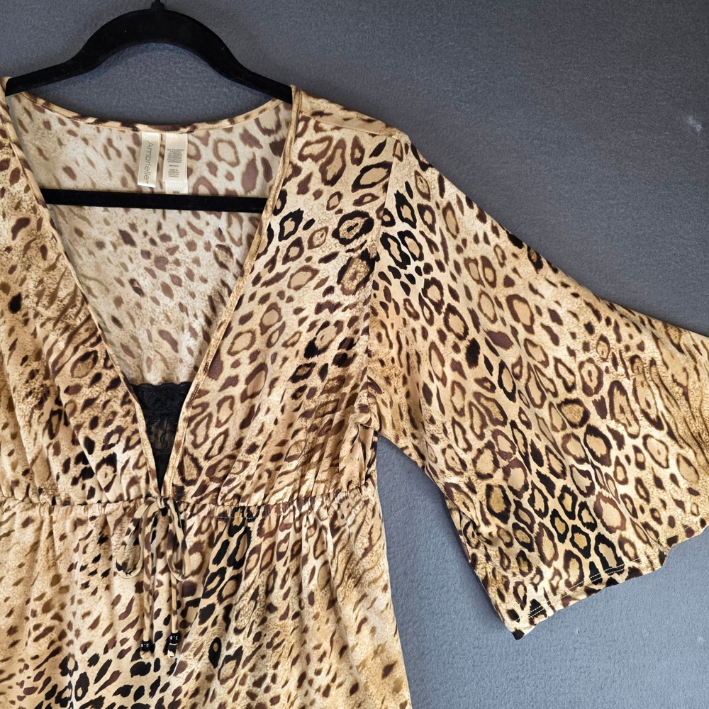 Ambrielle‎ Leopard Print Babydoll Top Brown Animal Print Kimono Sleeve Blouse M